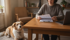 Donor researching how to vet an animal rescue with a rescued dog resting nearby