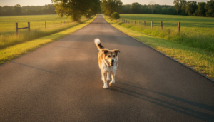 A lone dog on a rural road, one of the many stray dogs in summer heat