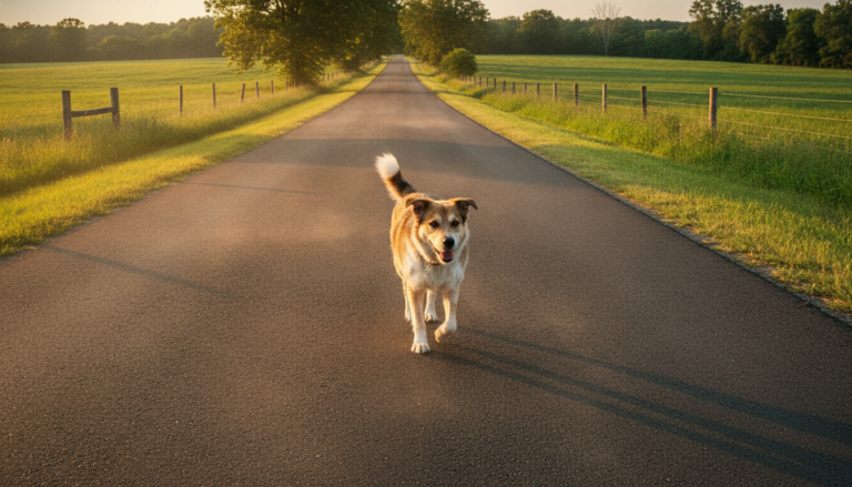 A lone dog on a rural road, one of the many stray dogs in summer heat