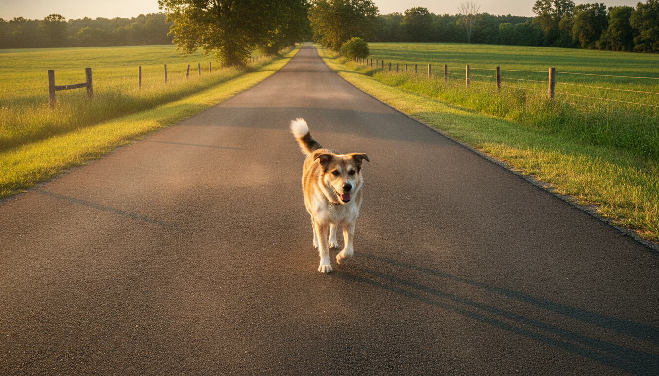 A lone dog on a rural road, one of the many stray dogs in summer heat
