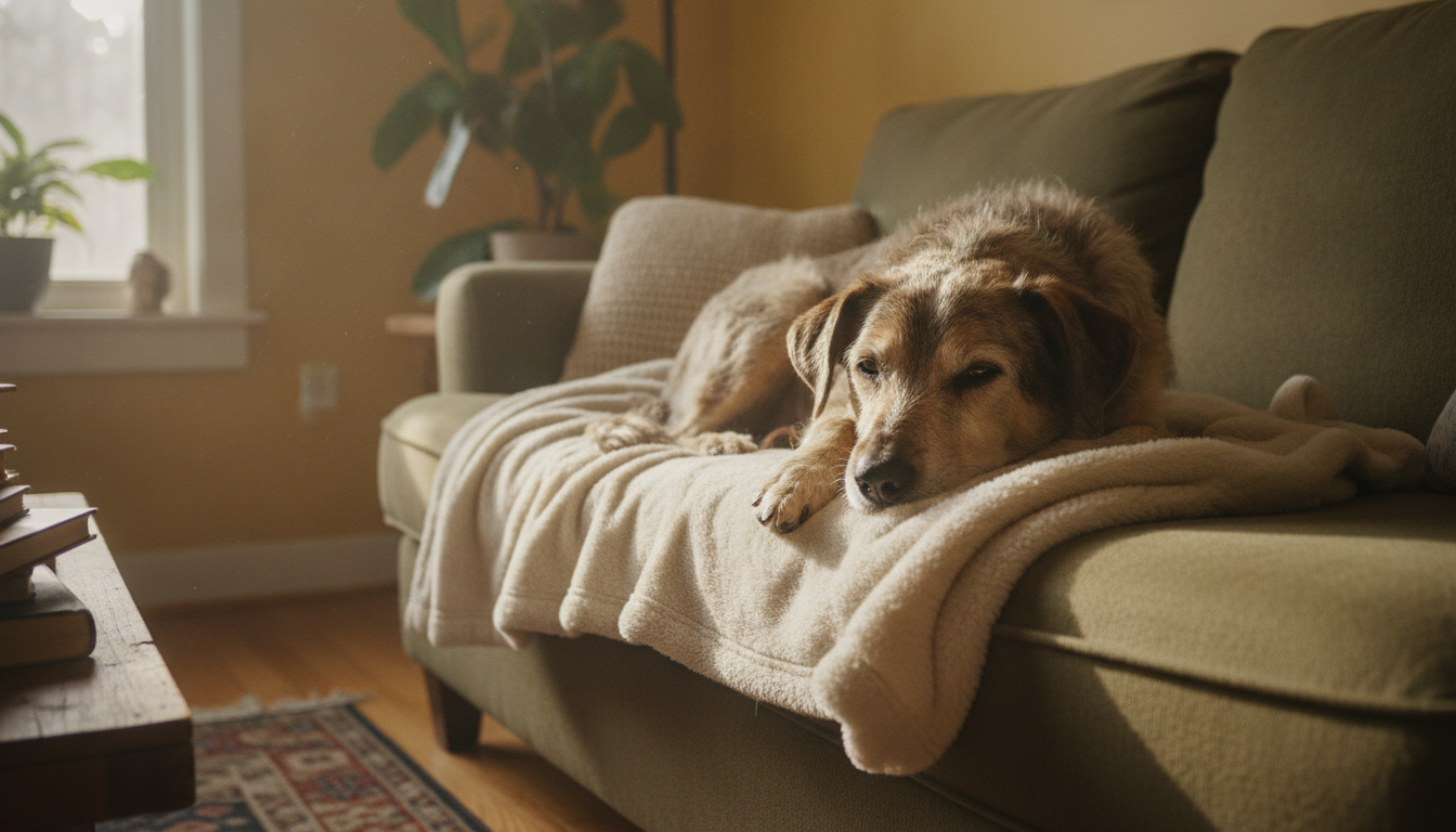 A recovering dog resting in a foster home during rescue dog rehabilitation