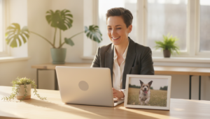 Employee at an office desk with a rescued dog photo, ready to submit matching gifts for animal rescue