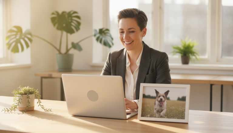 Employee at an office desk with a rescued dog photo, ready to submit matching gifts for animal rescue