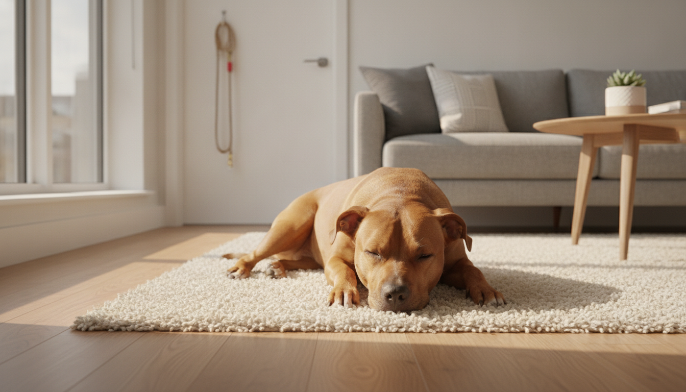 A calm dog at home in a rental apartment, where breed specific legislation in Virginia leaves a housing gap