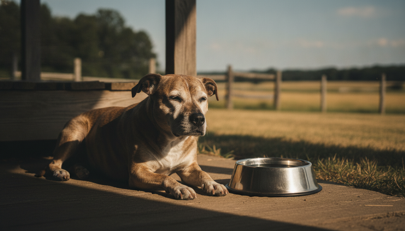 Dog resting in shade with a full water bowl on a hot day, a summer pet safety essential