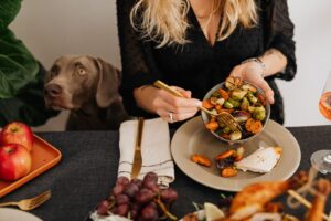 A dog watching a bowl of vegetables at a holiday dinner, a reminder of what Thanksgiving foods dogs can eat